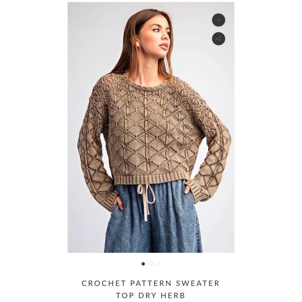 ee:some Crochet Pattern Sweater Top Dry Herb Olive Brown Cotton Knit Womens M